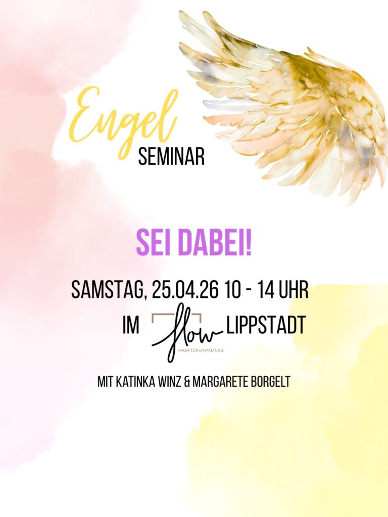 Veranstaltungsflyer zum Engel-Seminar am 25.04.2026 im Flow Raum Lippstadt mit goldener Engelsflügel-Grafik